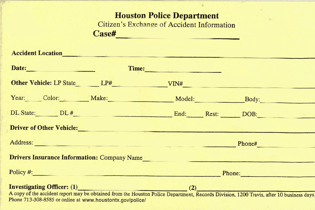 Houston Police Department Citizens Exchange Of Accident Information Form Example